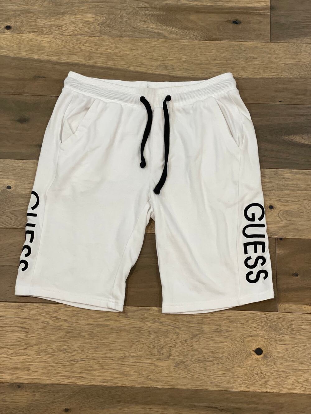 Guess M White Cotton Shorts Black Embroidered Logo Drawstring Waist Pockets